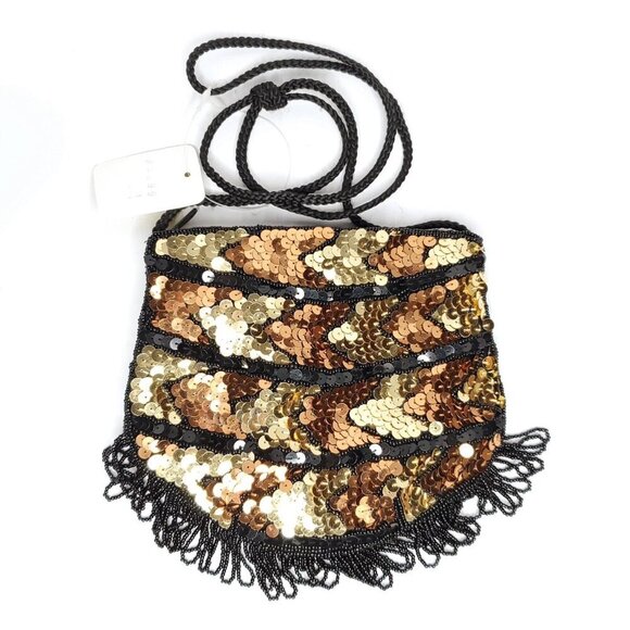 Magid Beaded Sequin Crossbody Black Gold Copper Tone Prom Evening Party Date - Picture 2 of 2